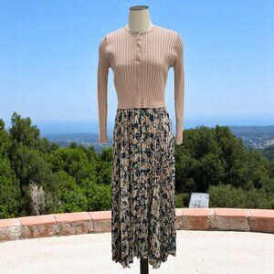 Noni 2-Piece Set Floral Pleated Sleeveless Midi Dress Ribbed Knit Cardigan Sz LT